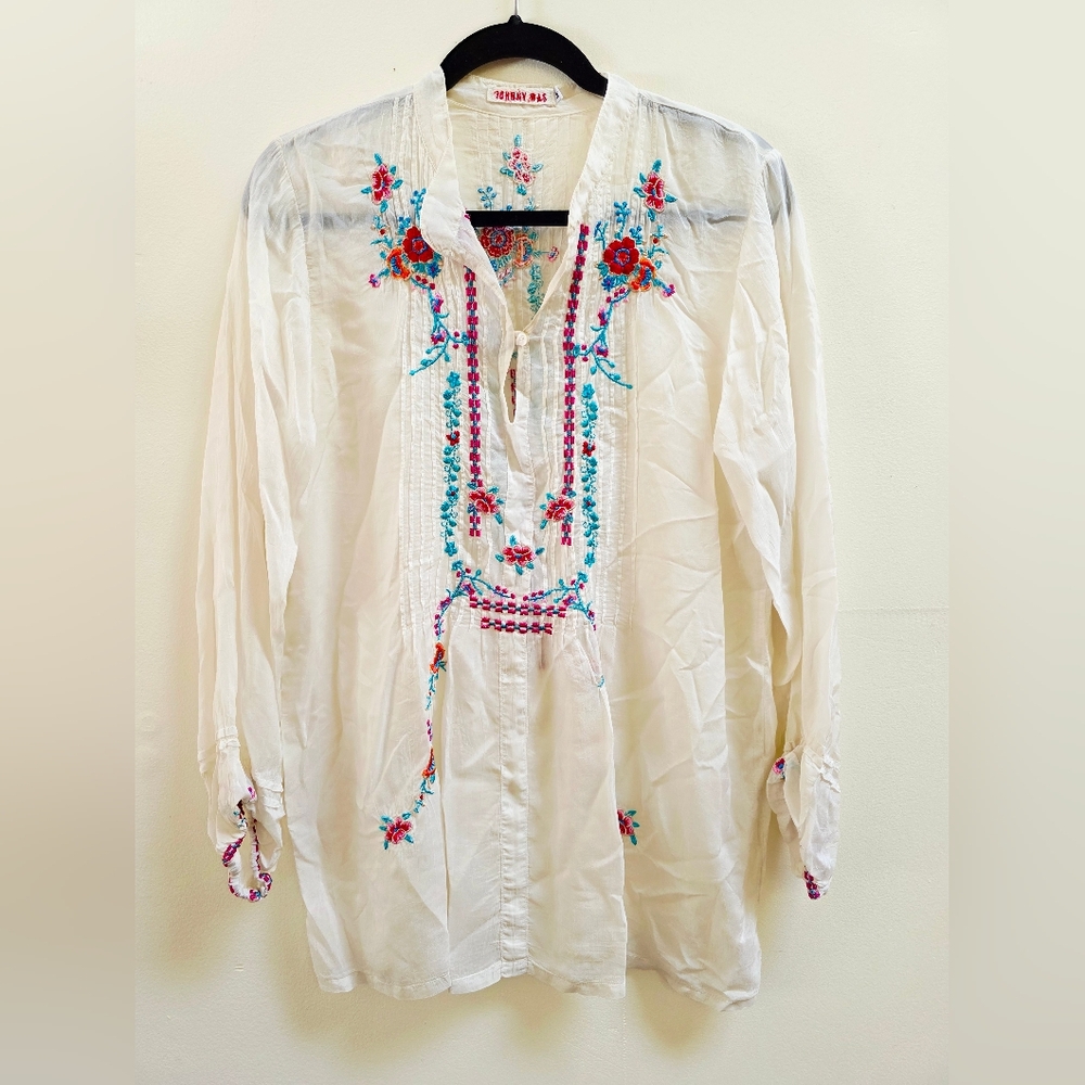 Johnny Was White Embroidered Long Sleeve Blouse